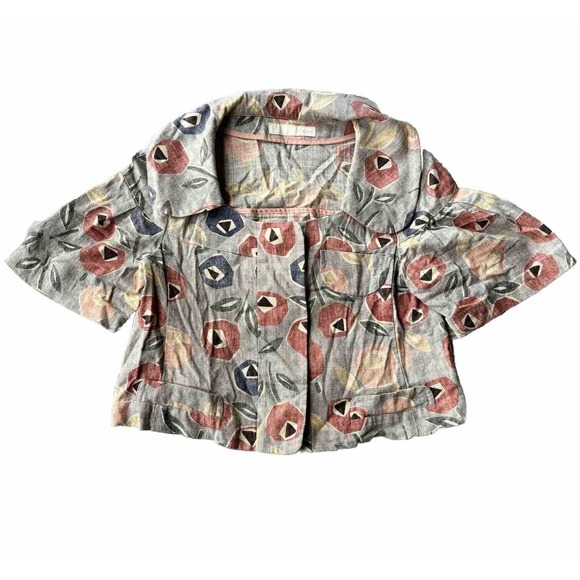 OLIVE DES OLIVE Blouse Top Sz S 1/2 Sleeve Collared Beige Floral Button Up Work - Picture 1 of 10